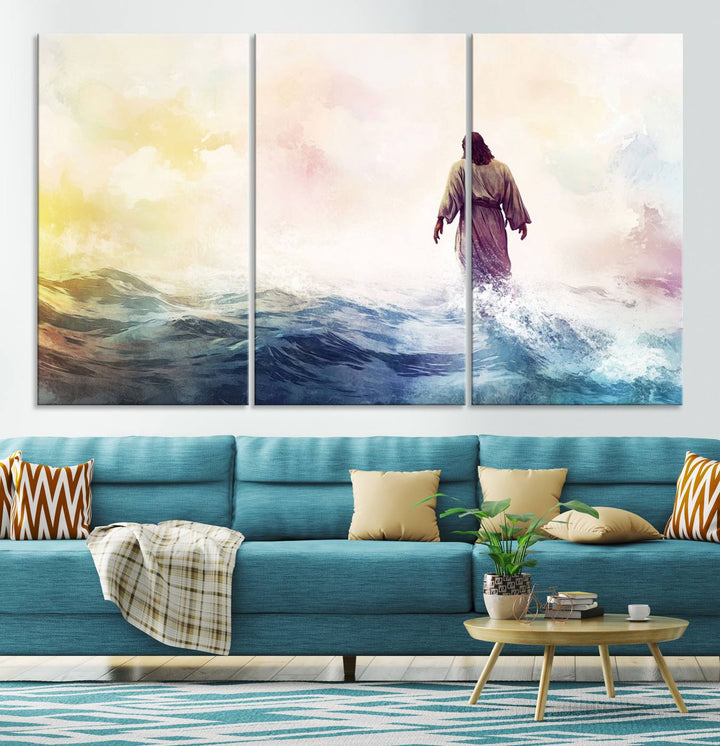 Watercolor Jesus Walking on Water Canvas Print, Christian Wall Art, Jesus Christ Walking