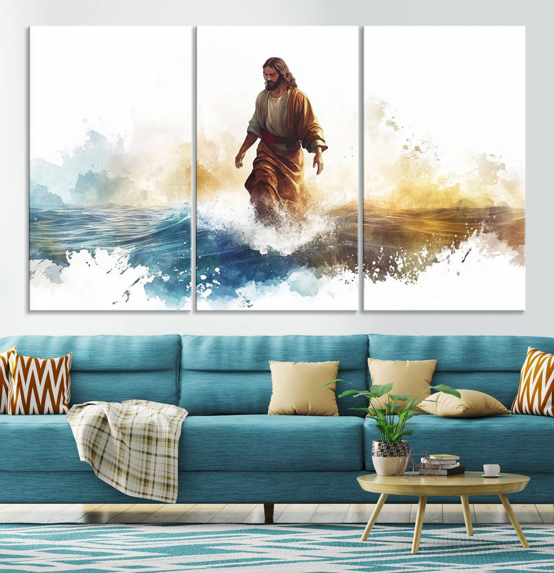 Watercolor Jesus Walking on Water Canvas Print, Christian Wall Art, Jesus Christ Walking