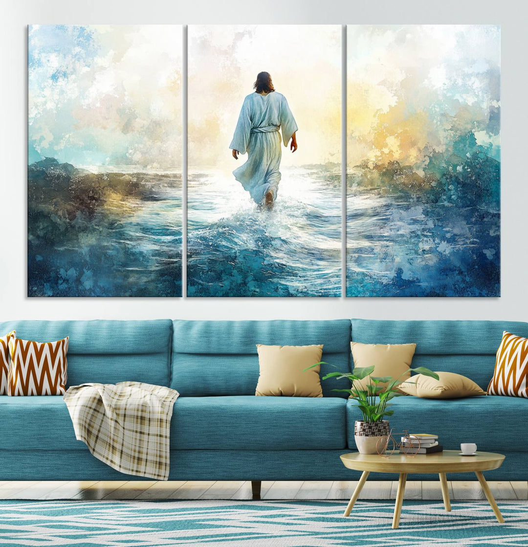 Watercolor Jesus Walking on Water Canvas Print, Christian Wall Art, Jesus Christ Walking