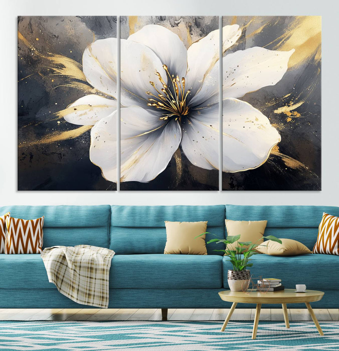 White Flower Wall Art | Canvas Print | Ready to Hang | Abstract Floral Wall Decor | Elegant Bloom Artwork | Framed for Living Room or Bedroom