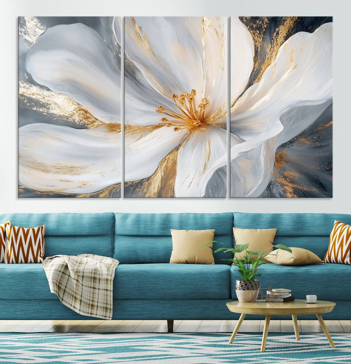 White and Gold Floral Canvas Wall Art - Framed and Ready to Hang - Perfect for Modern Living Rooms