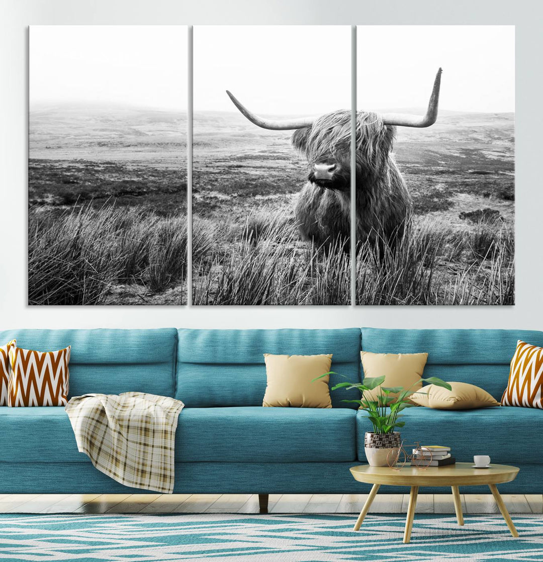 Scottish Highland Cow Wall Art | Black and White Canvas Print | Ready to Hang and Framed | Rustic Farmhouse Wall Decor for Living Room or Office