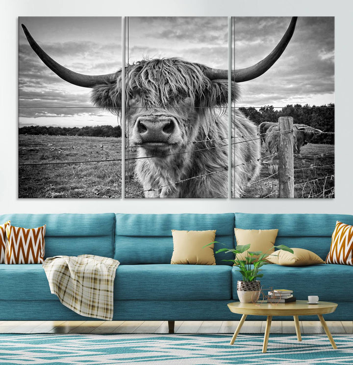 Scottish Highland Cow Wall Art Canvas Print | Ready to Hang and Framed | Rustic Farmhouse Decor