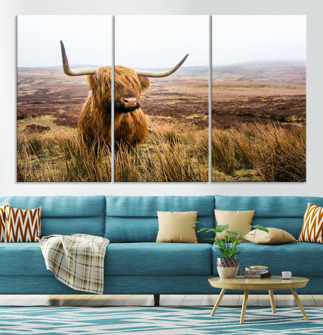 Scottish Highland Cow Wall Art Canvas Print | Ready to Hang and Framed | Rustic Farmhouse Decor for Living Room or Cabin