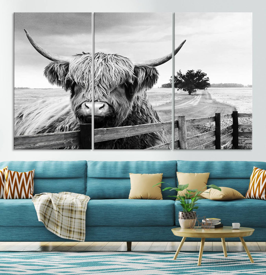 Scottish Highland Cow Wall Art | Rustic Farmhouse Décor | Black and White Ready to Hang Canvas Print