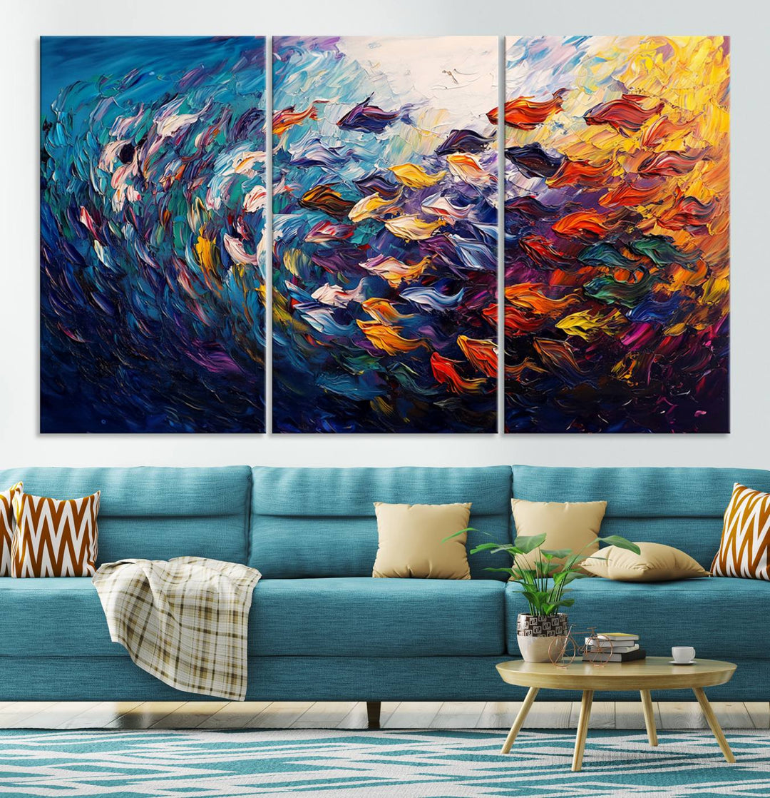 Vibrant Abstract Fish Swarm Art – Colorful Fish Inspired 3-Piece Canvas Wall Art for Living Room or Office – Framed and Ready to Hang