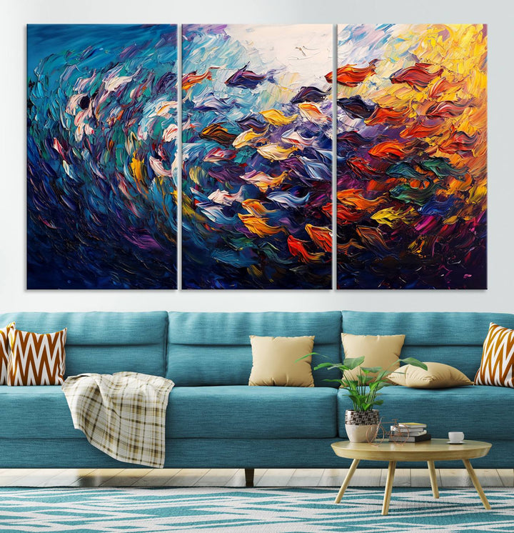 Vibrant Abstract Fish Swarm Art – Colorful Fish Inspired 3-Piece Canvas Wall Art for Living Room or Office – Framed and Ready to Hang