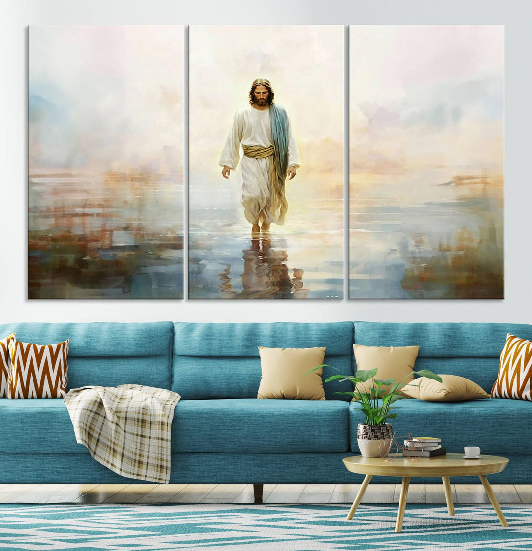 Framed Jesus Walking on Water Wall Art - 3-Panel Christian Canvas Prints, Religious Artwork, Ready to Hang Home Decor for Living Room, Office, or Church