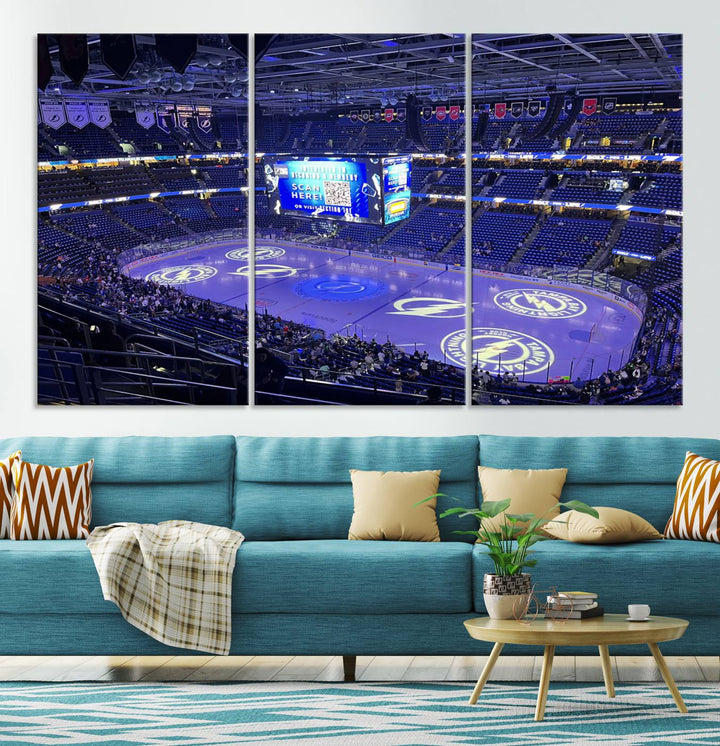 The wall art canvas print at Amalie Arena features team logos on ice, encapsulating the vibrant atmosphere of an NHL hockey stadium.