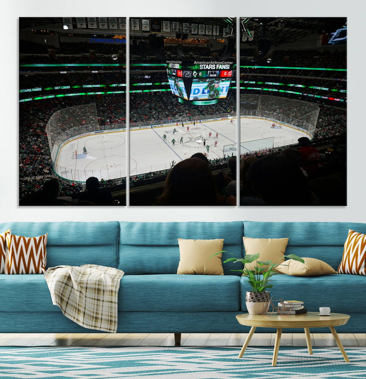 The Dallas Stars Wall Art Canvas Print is as clear as the scoreboard stats at a hockey game in a large arena with bright lights.