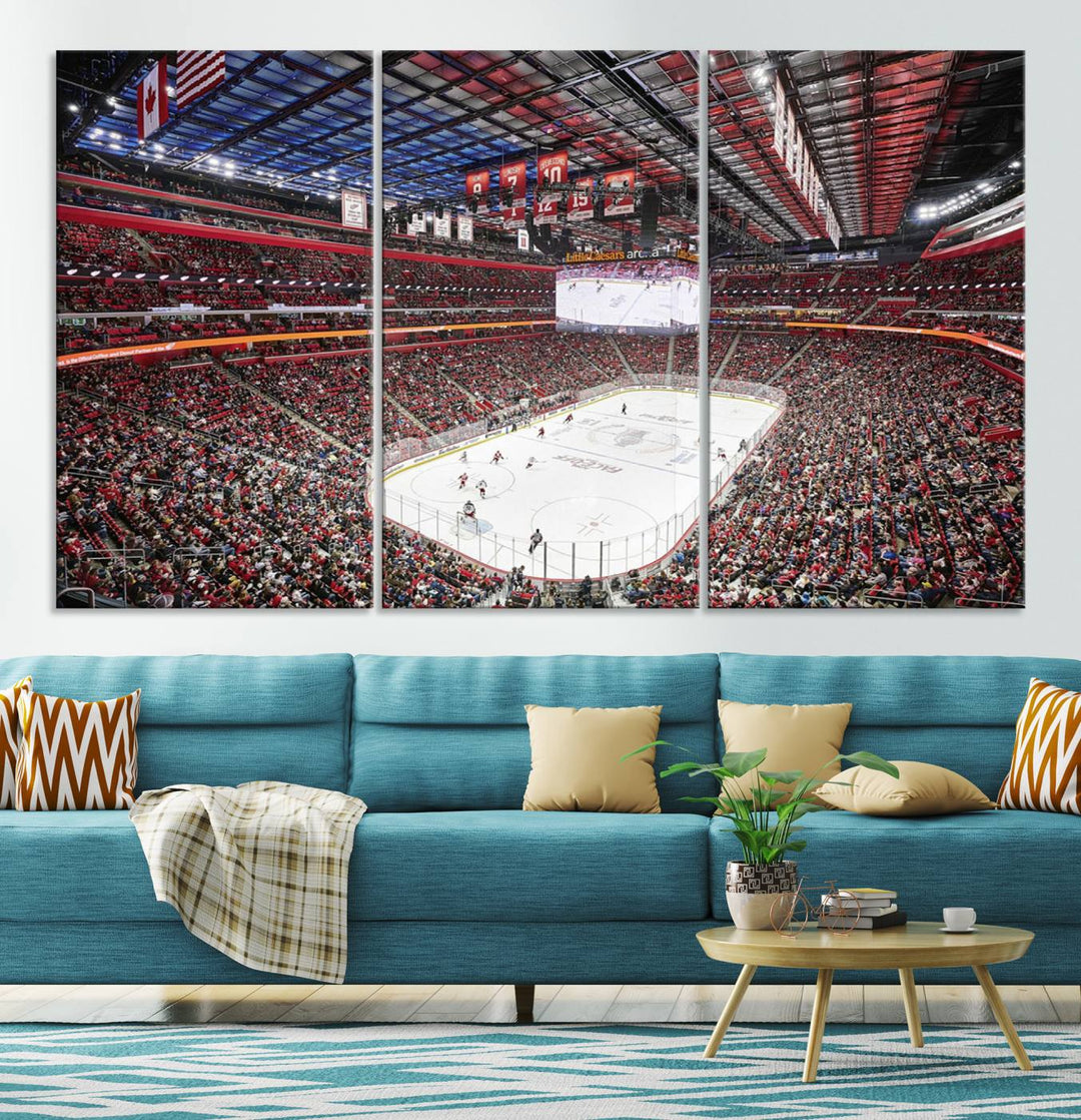 A Barton Malow canvas depicting Little Caesars Arena from above is beautifully printed in high resolution for your wall.