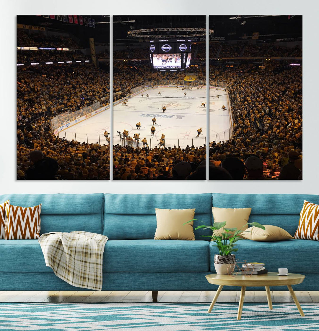 A captivating triptych canvas print, titled "Bridgestone Arena - Nashville Predators Hockey Team Print," adorns the wall. This Nashville wall art canvas print is perfect for Predators fans who appreciate sports-themed decor.