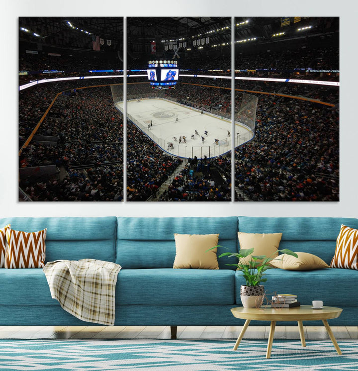 The nautical-themed room is enhanced by the KeyBank Center New York Buffalo Sabres Hockey Stadium Wall Art Canvas Print, a three-panel depiction of a bustling hockey arena with a gallery-quality finish. This canvas artwork, handmade in the USA, introduces an element of sporting elegance to your decor.