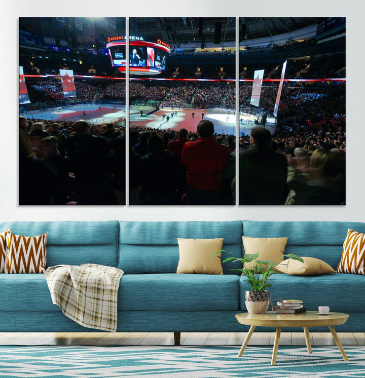 Experience the intense atmosphere of a full-capacity ice hockey game at Rogers Arena, home of the Vancouver Canucks, captured on museum-quality canvas.