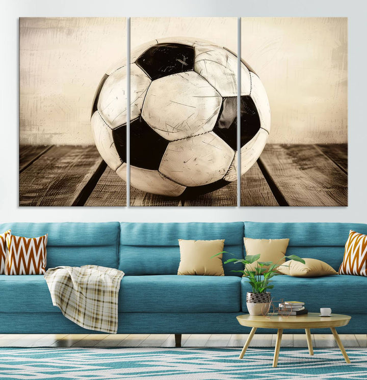 Vintage Soccer Ball Triptych Canvas Art – 3-Panel Soccer Wall Decor, Framed and Ready to Hang Sports Art for Home, Office, or Gym