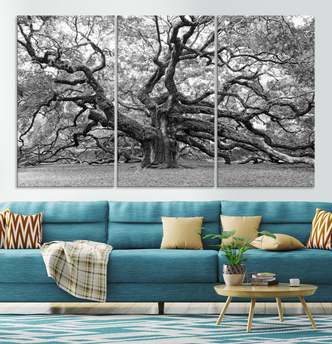 Black White Angel Oak Tree Wall Art - Timeless Nature-Inspired Canvas for Rustic, Modern, or Traditional Home Decor