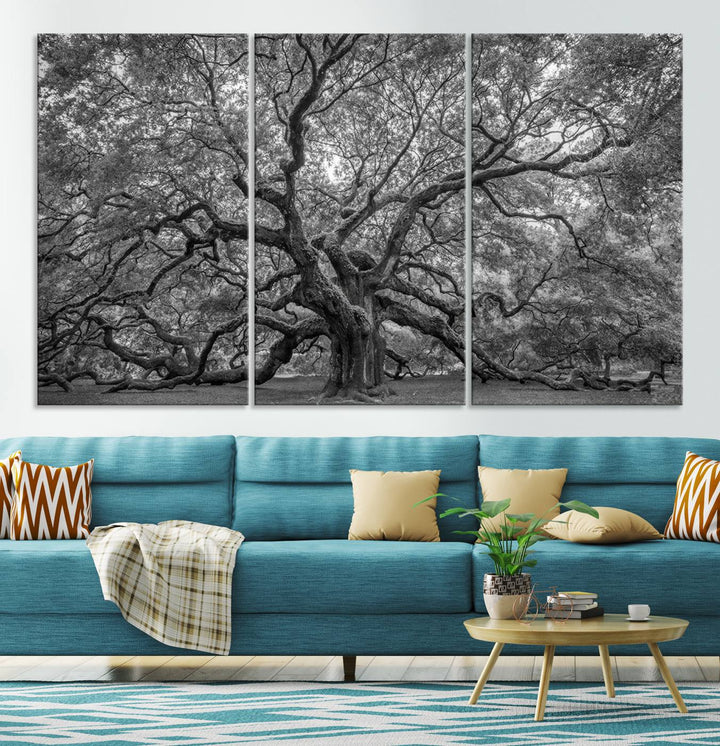 Majestic Angel Oak Tree Black and White Canvas Print – Multi Panel Wall Art, Giclée Print, Ready to Hang Nature Photography for Home Decor