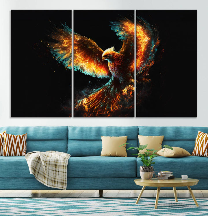 Fiery Phoenix Canvas Print | Ready to Hang Wall Art | Bold Fantasy Decor for Living Room | Majestic Bird Artwork