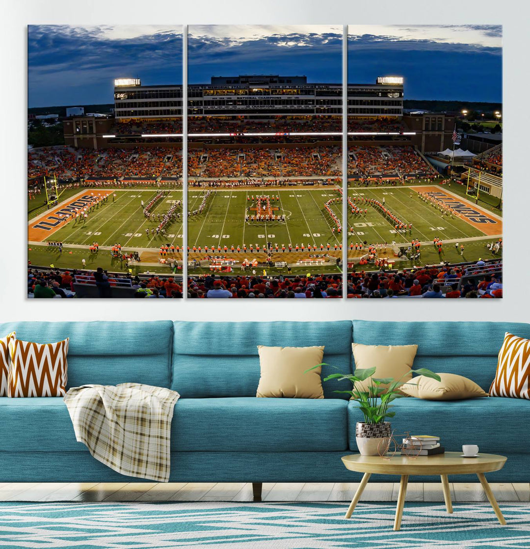 University of Illinois Fighting Illini Football Team Print - Champaign Illinois Memorial Stadium Wall Art Canvas Print