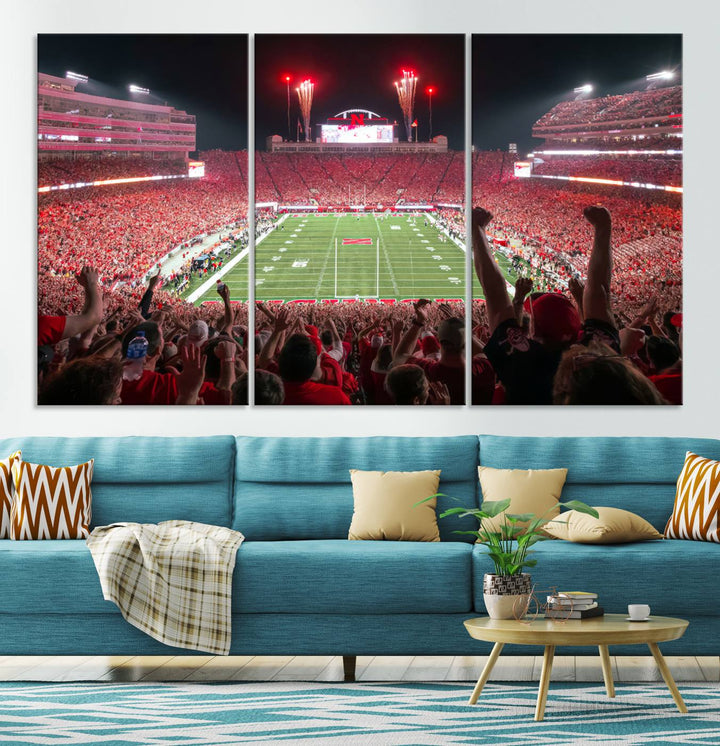 The University of Nebraska Cornhuskers Football Team Print, a vibrant three-panel canvas depicting Lincoln Memorial Stadium filled with enthusiastic fans from the end zone perspective, features a gallery-quality finish.