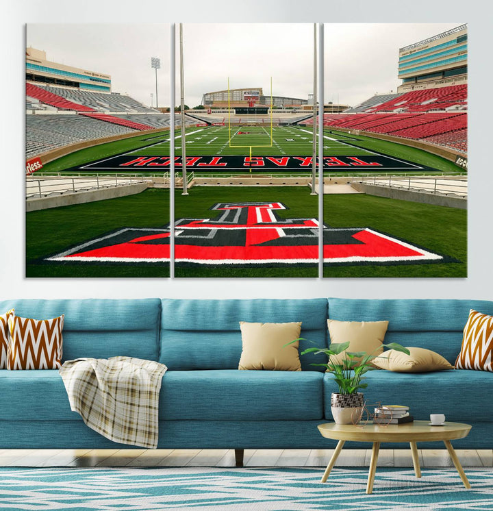 Gallery-quality print of Lubbock Jones AT&T Stadium featuring the Texas Tech Red Raiders field, highlighted by red and gray bleachers.