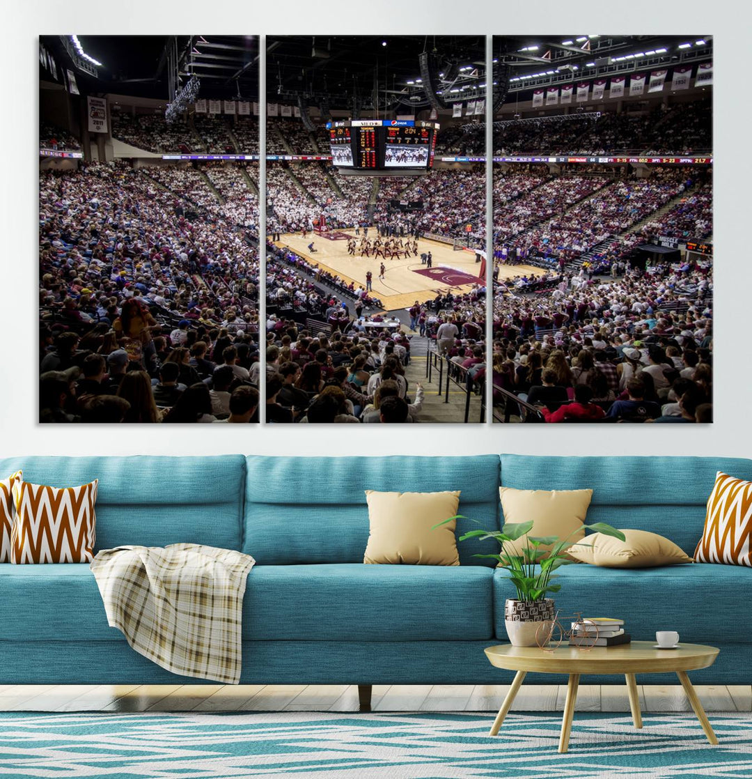 The Nebraska Basketball Arena Wall Art Canvas features an arena filled with Cornhuskers fans and players beneath a scoreboard.