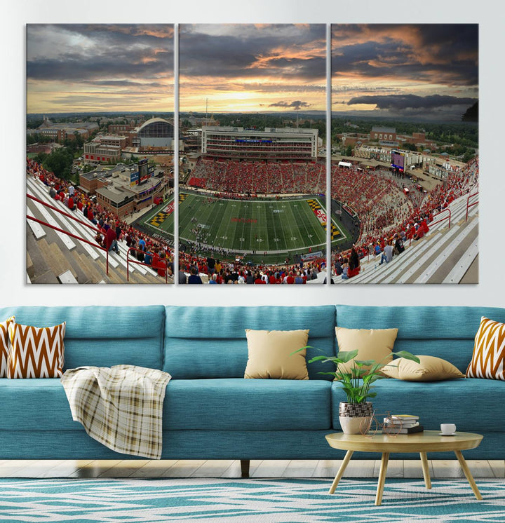 The University of Maryland Terrapins Football Team Print features SECU Stadium at sunset with vibrant skies.