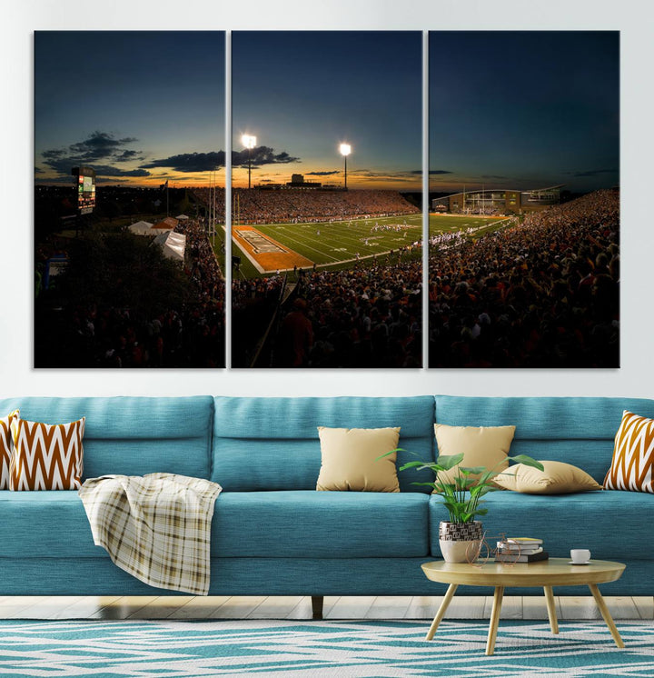 Ball State Cardinals Football Team Print - Muncie Scheumann Stadium Canvas featuring a sunset, floodlights, and lively crowd.