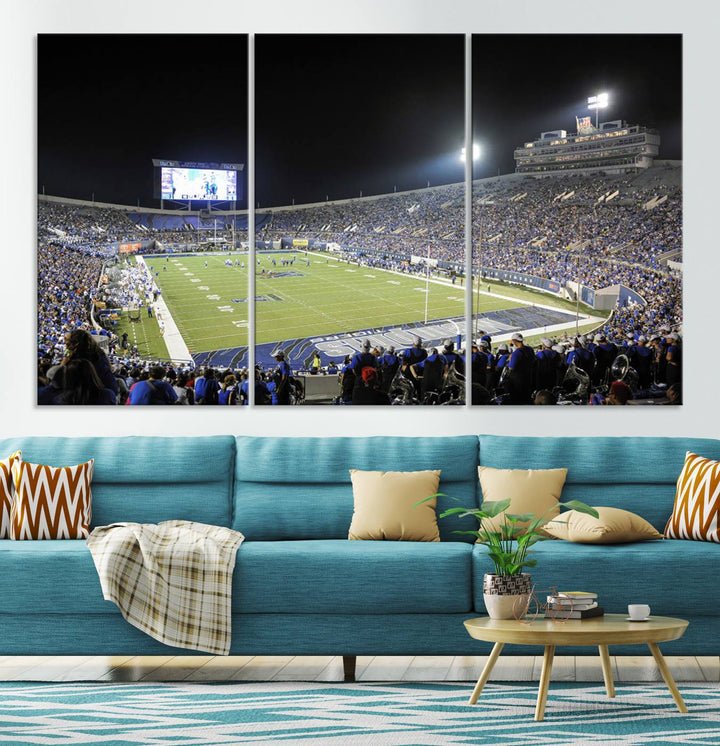 A vibrant depiction of Liberty Stadium at night, highlighting a Tigers football game on the large screen with stands filled with enthusiastic fans.