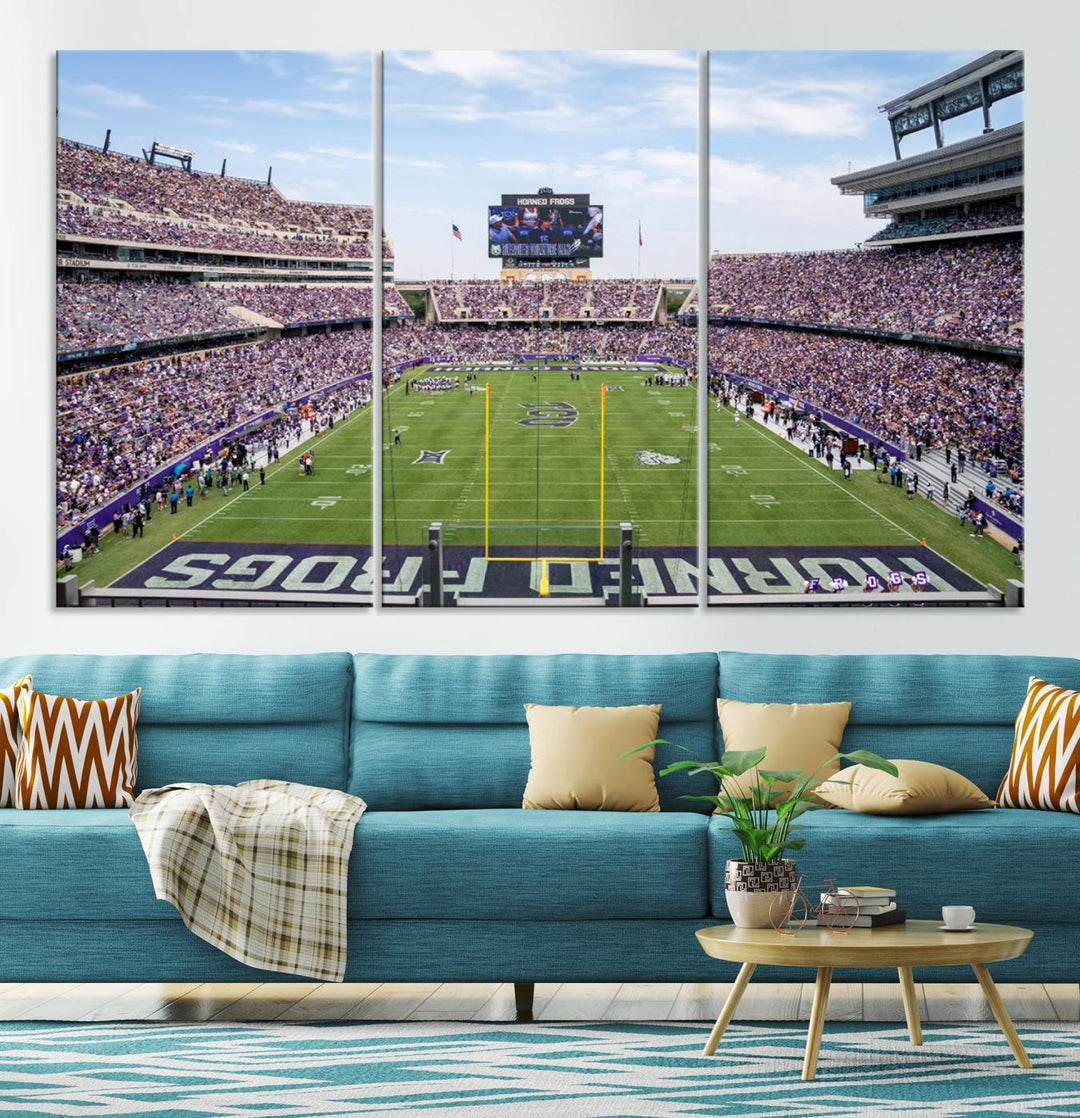 The TCU Horned Frogs print portrays a vibrant Amon G. Carter Stadium, filled with energy and game action.