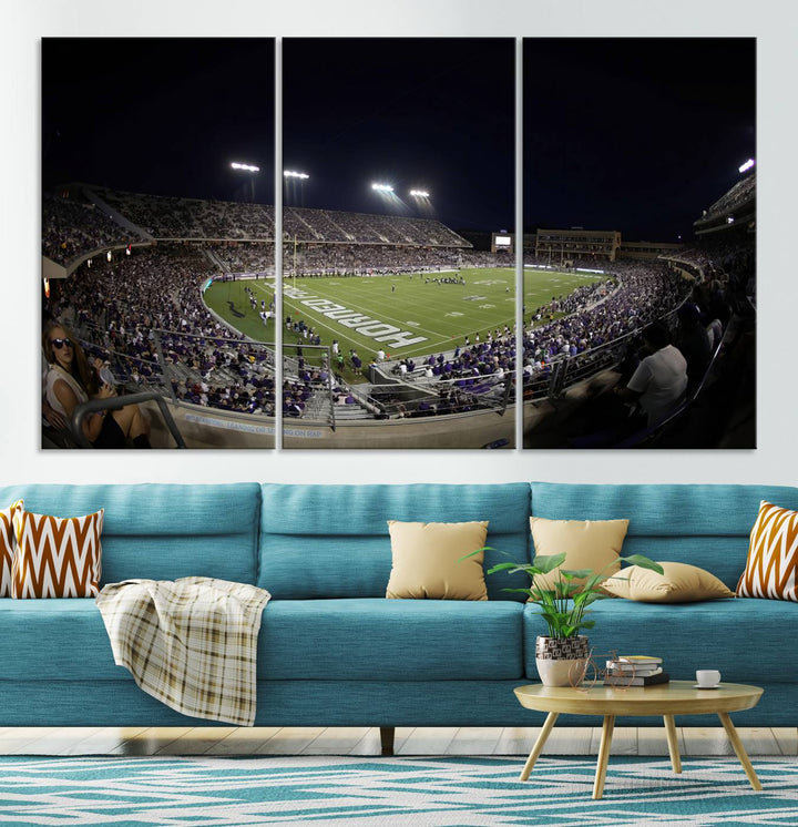 The wall art print features a night view of Amon G. Carter Stadium filled with TCU fans, showcased in the Horned Frogs Football Canvas Wall Art.