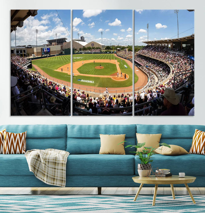 A baseball stadium under a blue sky, capturing the energy of The Texas A&M Aggies Athletics Kyle Field Wall Art.