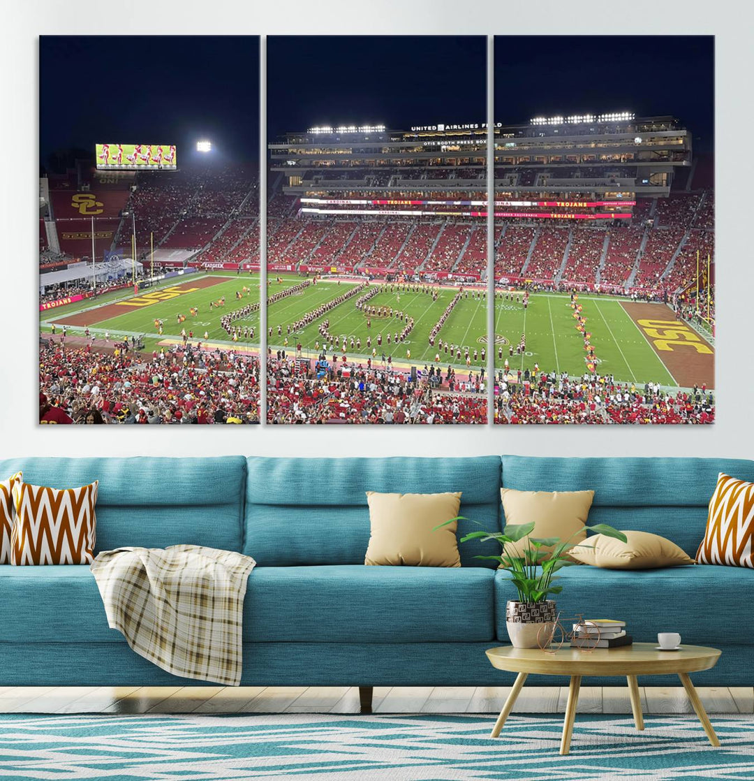 Canvas print depicting a packed stadium at night with a marching band forming USC, celebrating the Trojans at Los Angeles Memorial Coliseum.