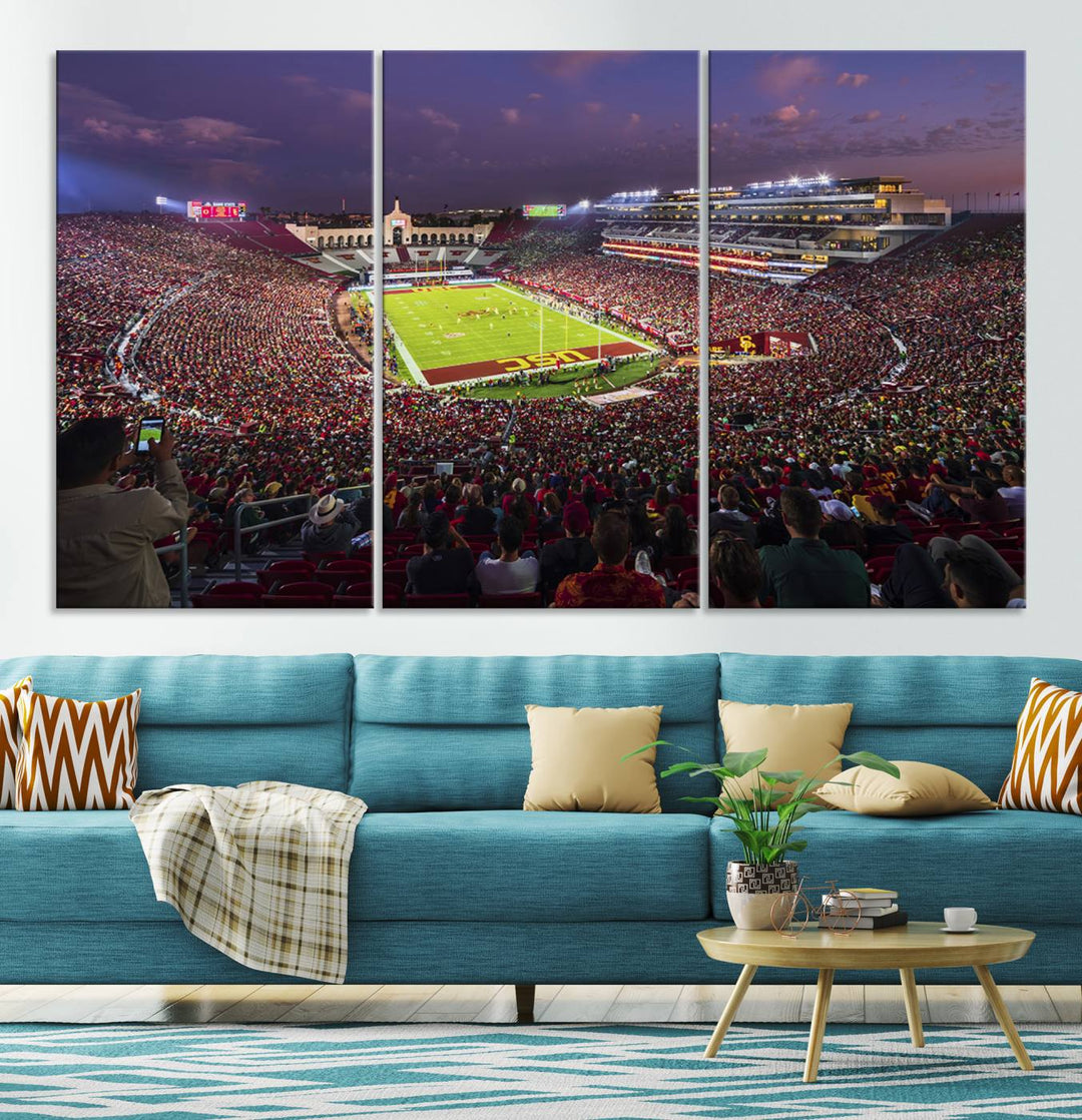 The vibrant wall art canvas print captures the USC Trojans playing under lights at dusk in LA Memorial Coliseum.