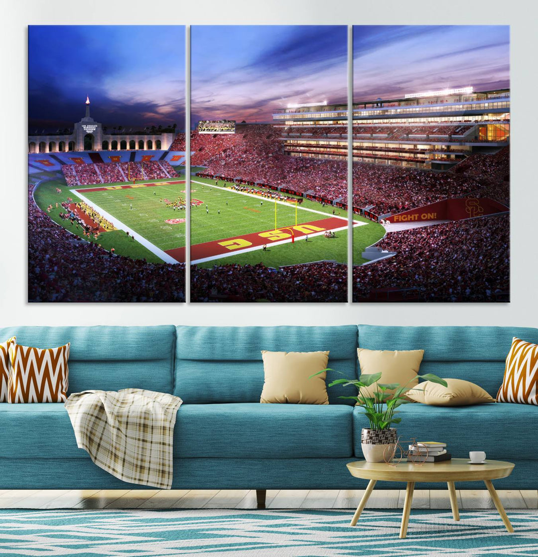 A vibrant painting of fans cheering for The University of Southern California USC Trojans under bright stadium lights.