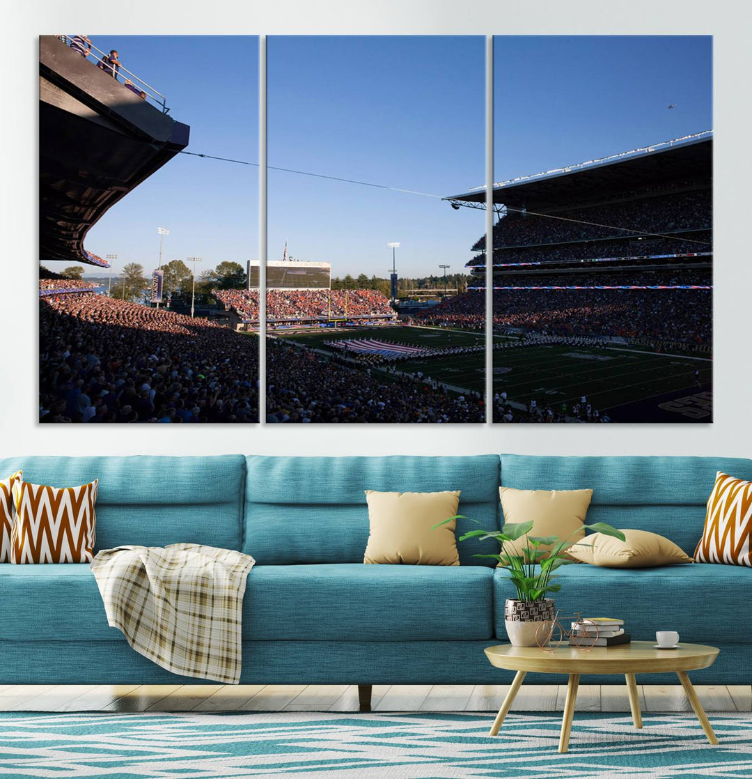 The University of Washington Huskies wall art print depicts Husky Stadium coming alive with fans as flags flutter.