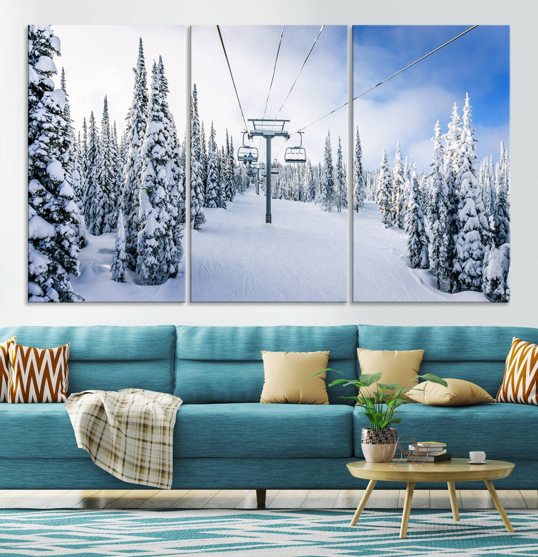 Winter Ski Lift Landscape Wall Art | Snowy Mountain Adventure | Framed and Ready to Hang | Perfect for Cabin Wall Art, Farmhouse Decor