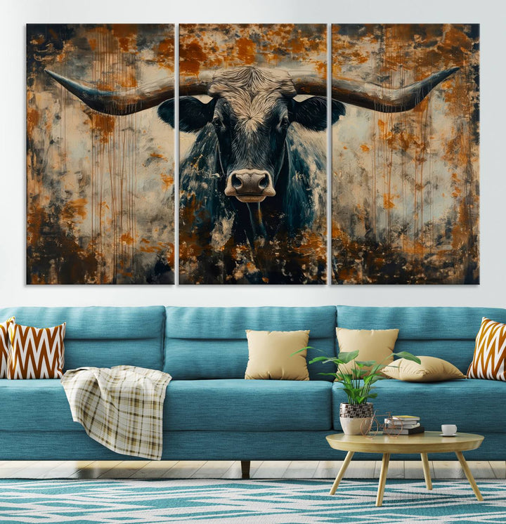 Abstract Longhorn Bull Wall Art | Rustic Western Wall Decor | Framed and Ready to Hang | Ideal for Farmhouse, Lodge, and Barn Decor