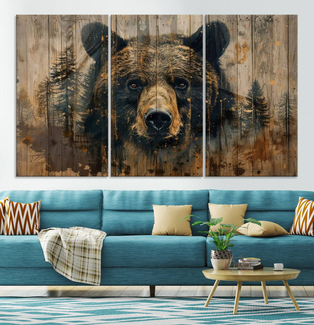 The Abstract 399 Bear Wall Art, featuring a rustic cabin theme with forest design, is framed and ready to hang. It's ideal for lodge, cabin, and barn decor and perfectly complements the nature lover's aesthetic.