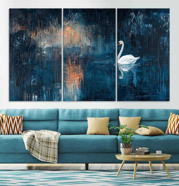 Abstract Swan Wall Art | Moody Blue and Orange Swan Painting on Canvas | Framed and Ready to Hang | Elegant and Modern Art for Living Room or Bedroom Decor