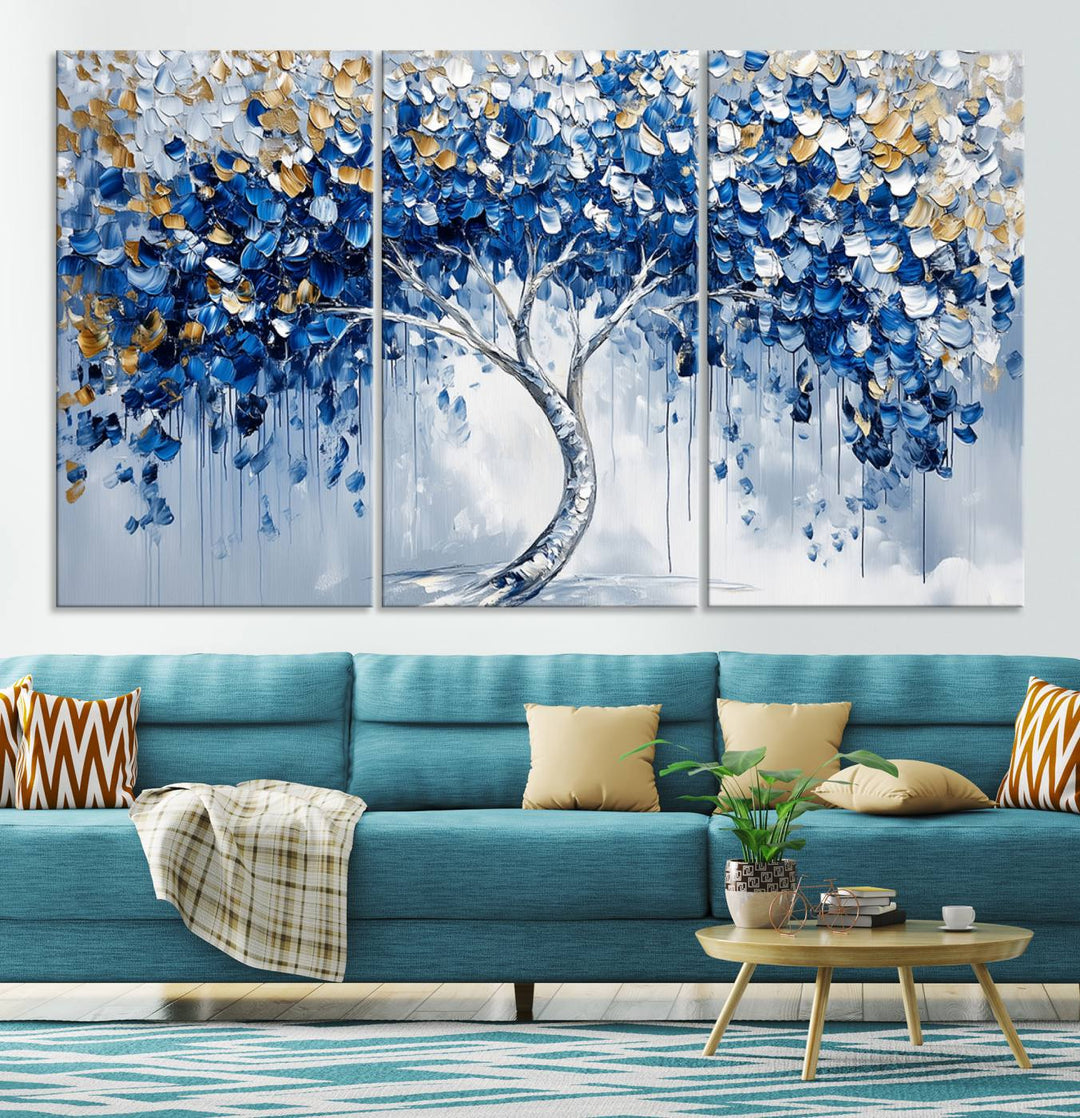 Elegant Blue and Gold Abstract Tree Wall Art | Textured Modern Tree of Life Painting | Framed Canvas Print | Ready to Hang for Dining Room Decor