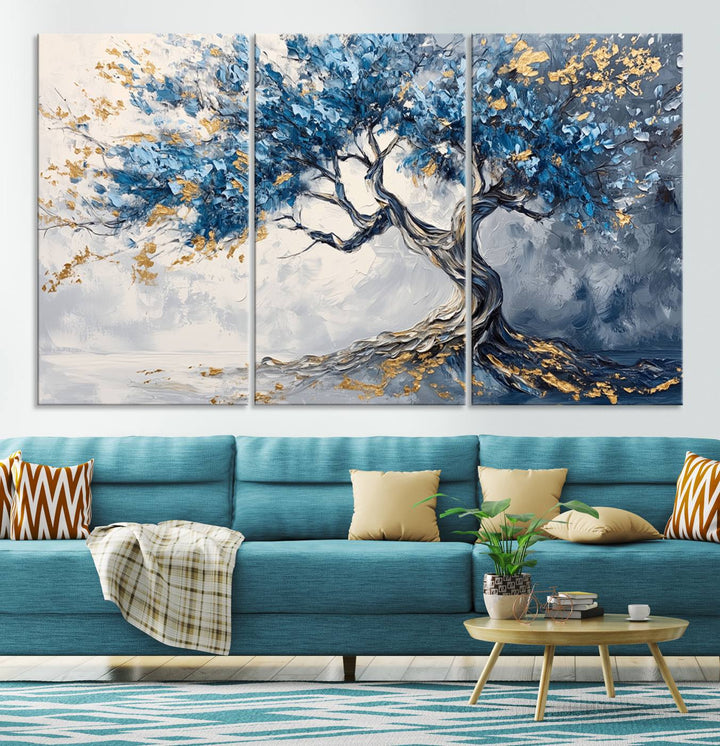 Elegant Abstract Tree Canvas Wall Art | Tree of Life Painting | Textured Art in Blue and Gold | Framed & Ready to Hang for Modern Living Room Decor