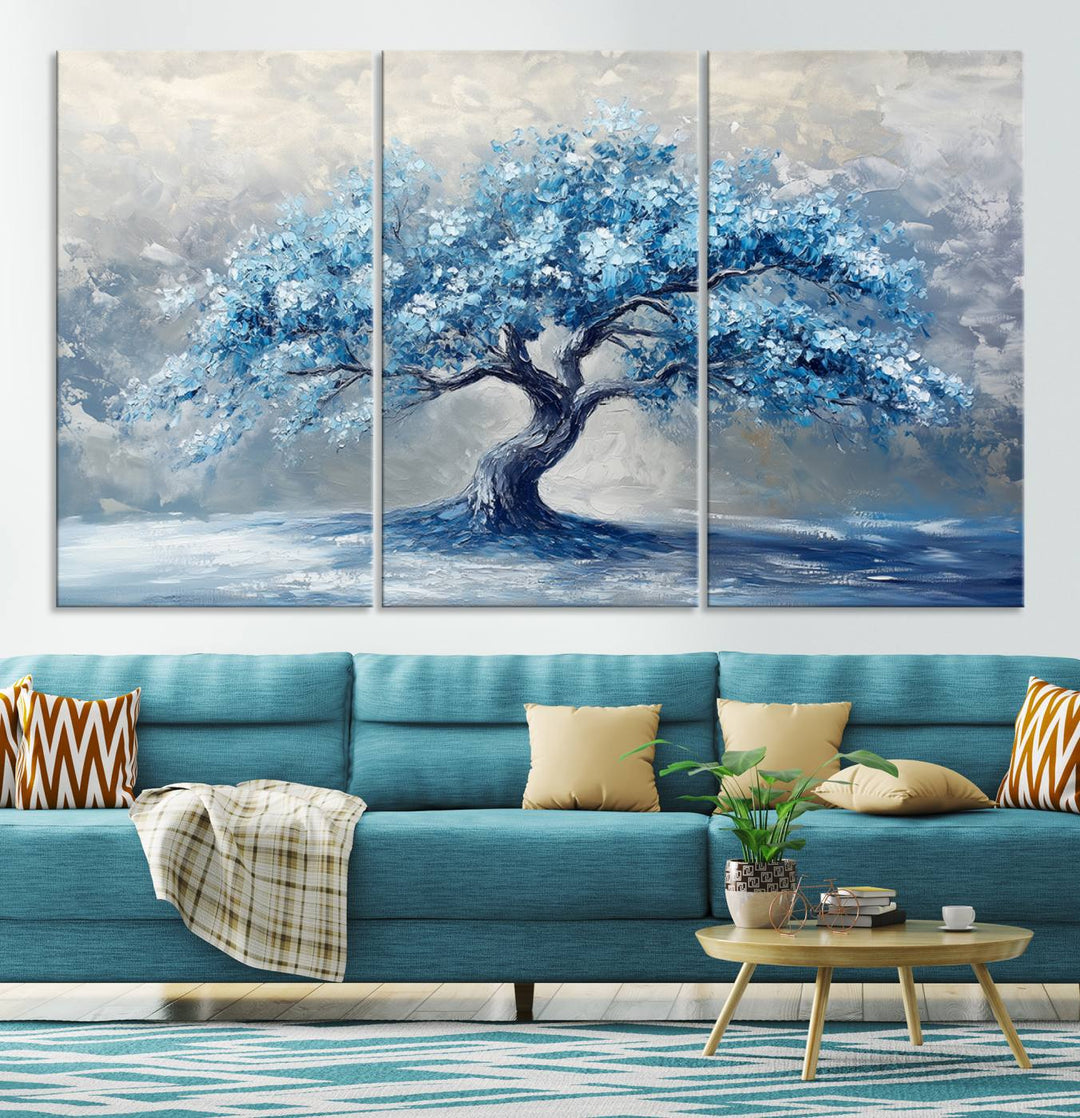 Serene Abstract Blue Tree Wall Art | Canvas Print of a Majestic Tree in Blue Hues | Perfect for Farmhouse, Coastal, and Modern Decor