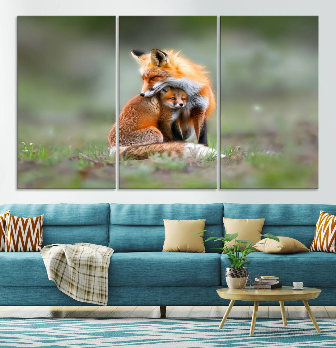 Heartwarming Fox and Baby Cub Wall Art | Ready to Hang Canvas Print of Foxes in Nature | Perfect for Animal Lovers, Rustic Decor, and Cabin Wall Art