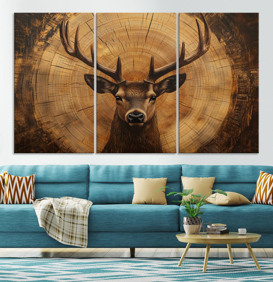 Deer Wall Art Canvas Print | Ready to Hang Canvas Print of a Stag with Rustic Tree Rings | Perfect for Farmhouse Wall Decor, Cabin Wall Art