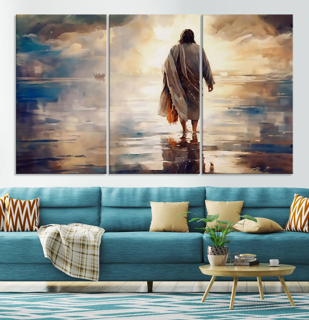 Jesus Walking on Water Wall Art | Ready to Hang Spiritual Triptych Canvas Print | Inspirational Christian Decor for Home or Church