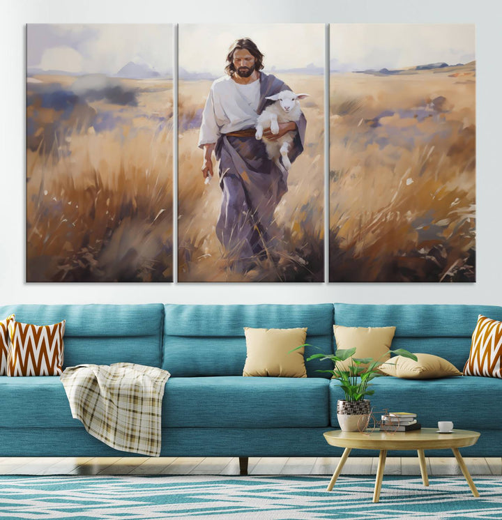 Jesus the Good Shepherd Wall Art Canvas Print - Lost Lamb  Print for Prayer Room Decor