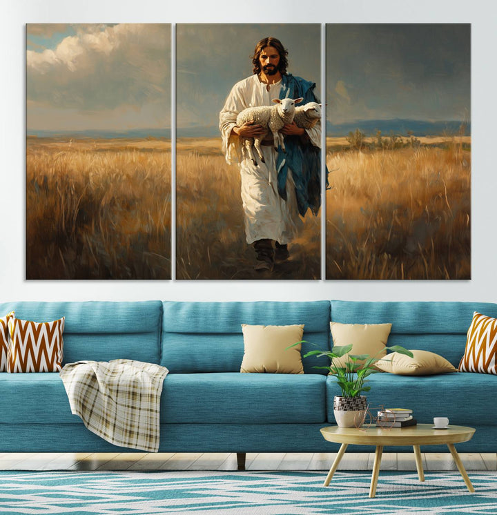 Jesus Shepherd Wall Art | Ready to Hang Triptych Canvas of Jesus Holding a Lamb in a Field | Inspirational Christian Decor for Home