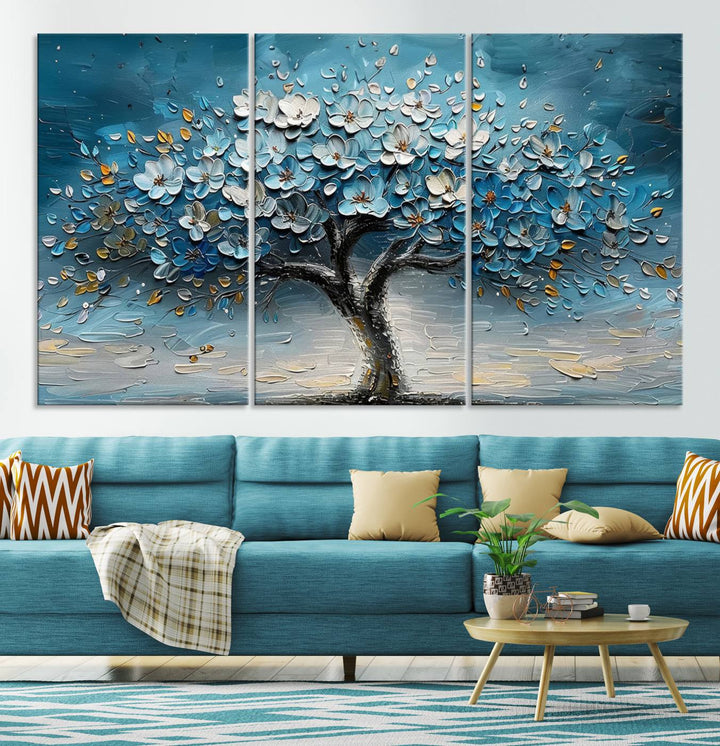 Abstract Blooming Tree Wall Art Print features blue, white, and gold textures on museum-quality canvas, perfect for modern decor.