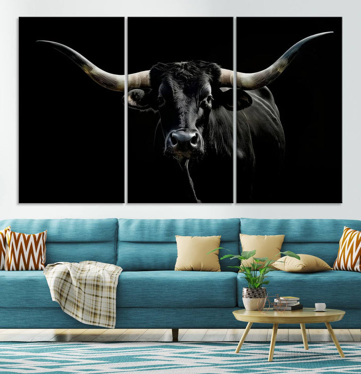 The Texas Black Longhorn Bull Canvas Print, featuring large curved horns set against a dark background, is ideal for Western decor.